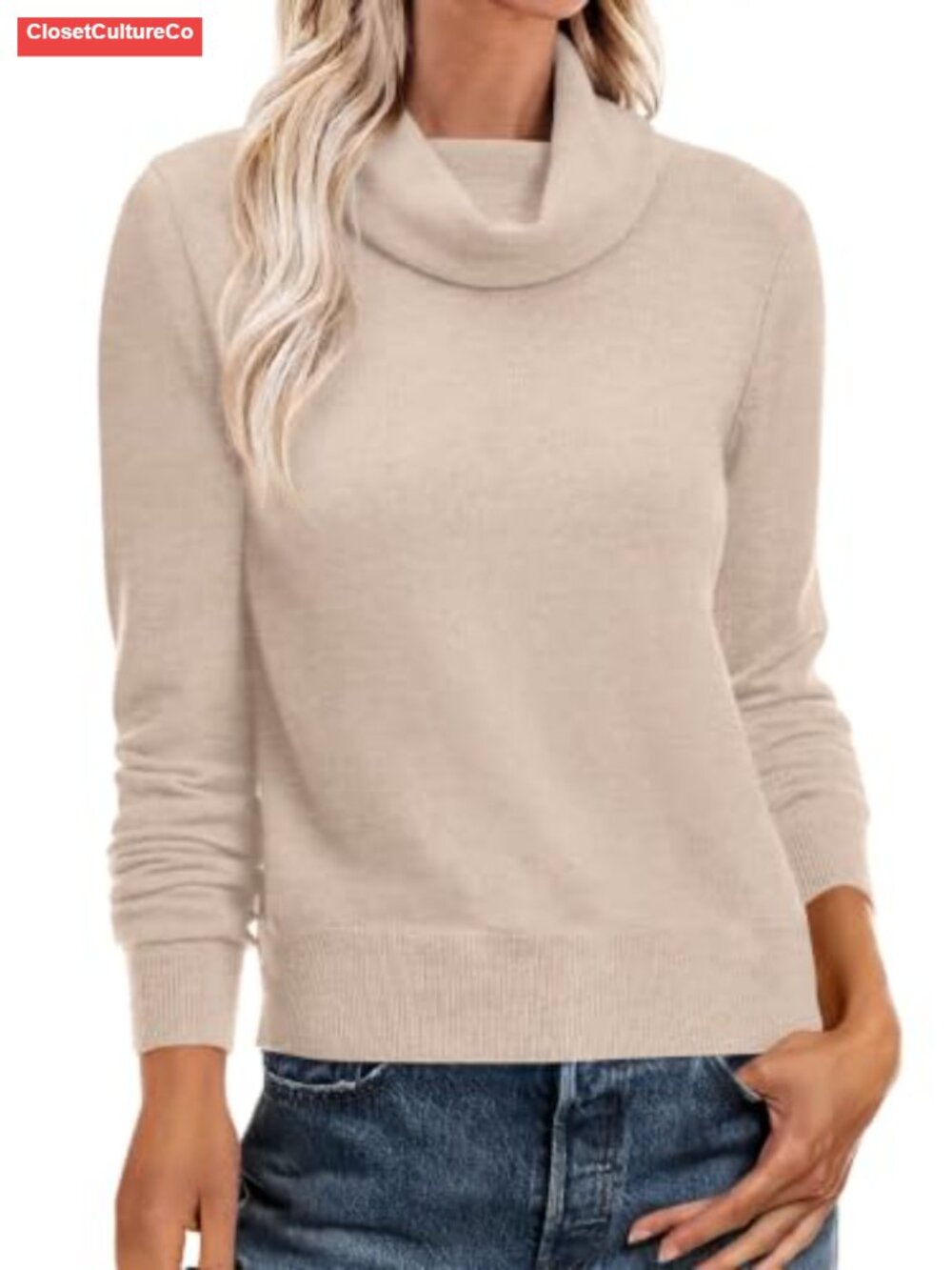 Womens Cowl Neck Long Sleeve Light Sweater Loose Fit Pullover